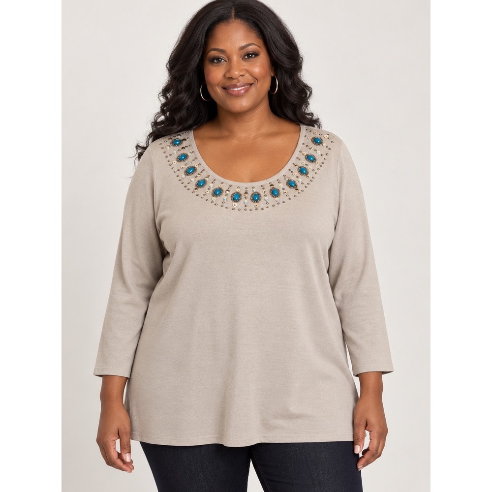 Joseph A Woman Tan Knit Top Turquoise Beaded Sequin Neck 3/4 Sleeve 2X 9070W